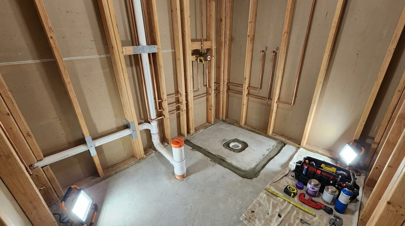 Bathroom rough-in plumbing during remodel by Johns Plumbing LLC in Belle Glade